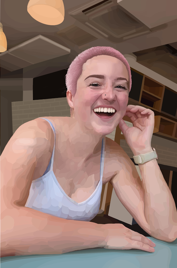 a digital drawing of Jet (a white fem person with a faded pink buzzcut) who is laughing into the camera